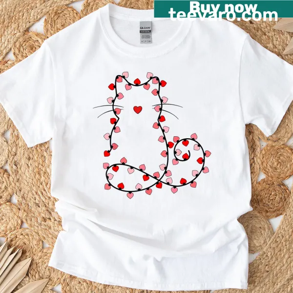 Whimsical cat illustration with heart lights for Valentine's Day