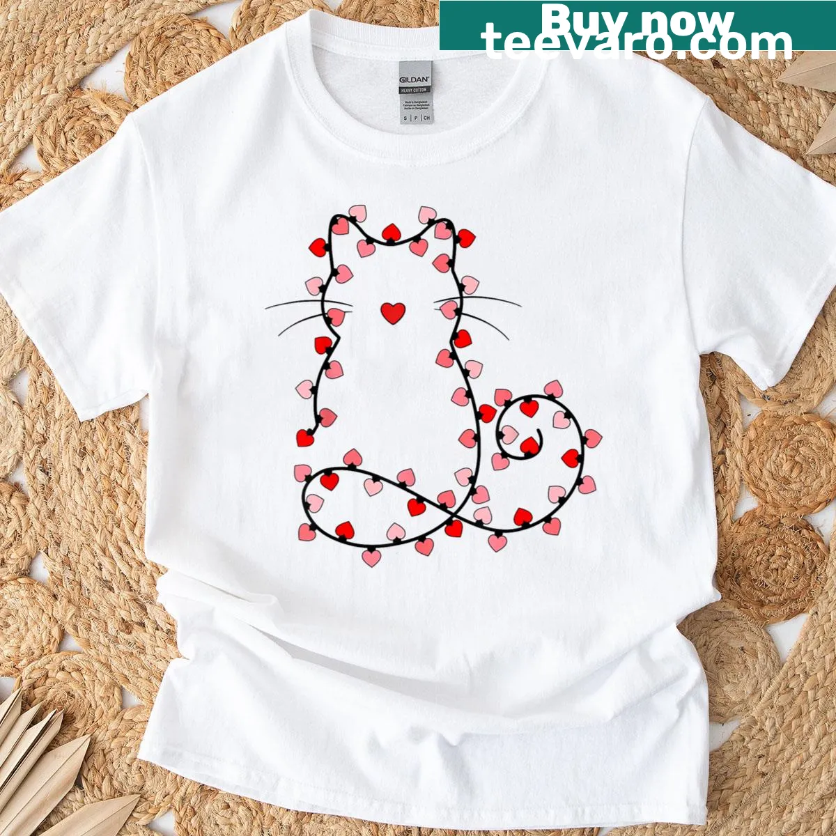 Whimsical cat illustration with heart lights for Valentine's Day — on a men's t-shirt