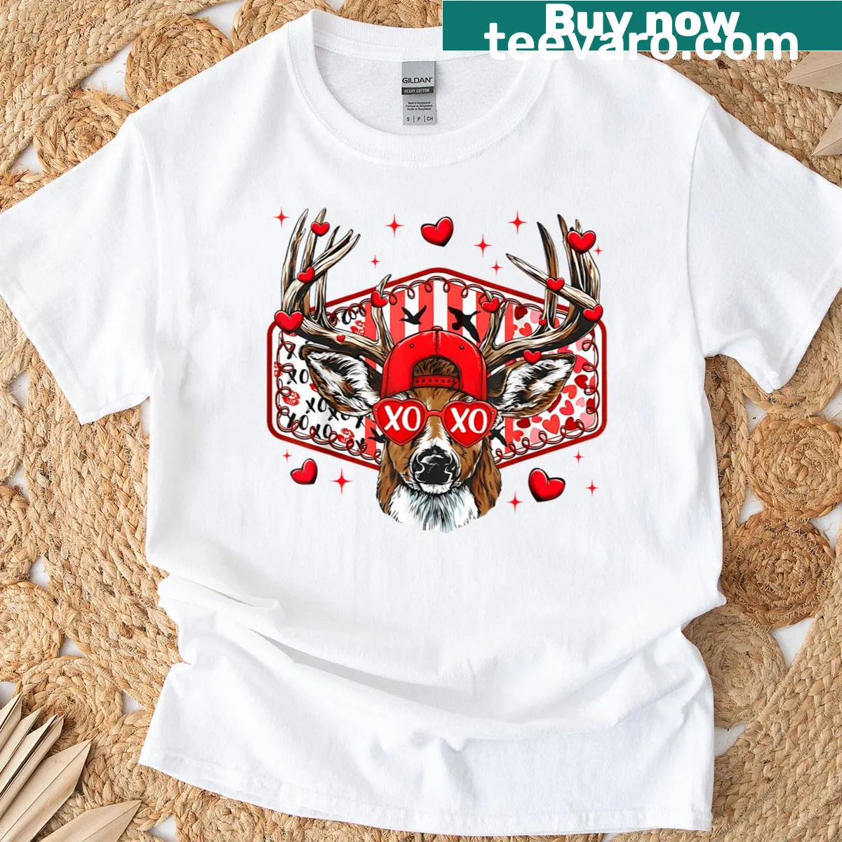 Valentine's Day themed deer hunting t-shirt featuring a buck with hearts — on a men's t-shirt
