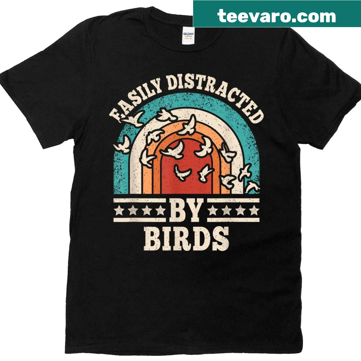 Retro t-shirt with text Easily Distracted By Birds for birdwatchers — on a men's t-shirt