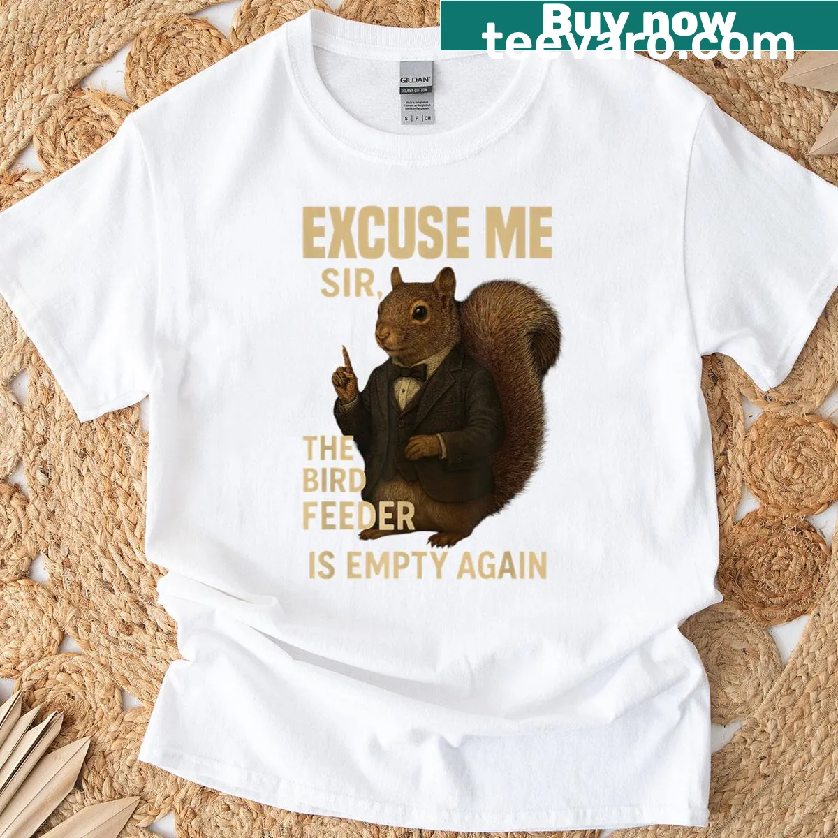 Funny squirrel t-shirt with empty bird feeder graphic — on a men's t-shirt