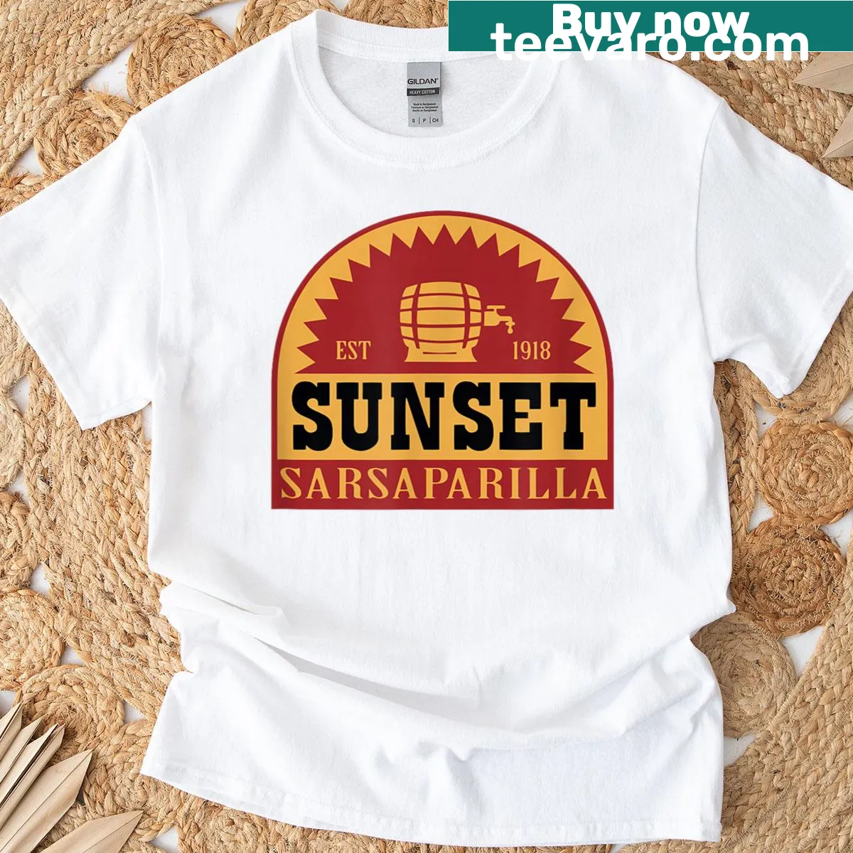 Vintage Fallout Sunset Sarsaparilla graphic t-shirt — on a men's t-shirt