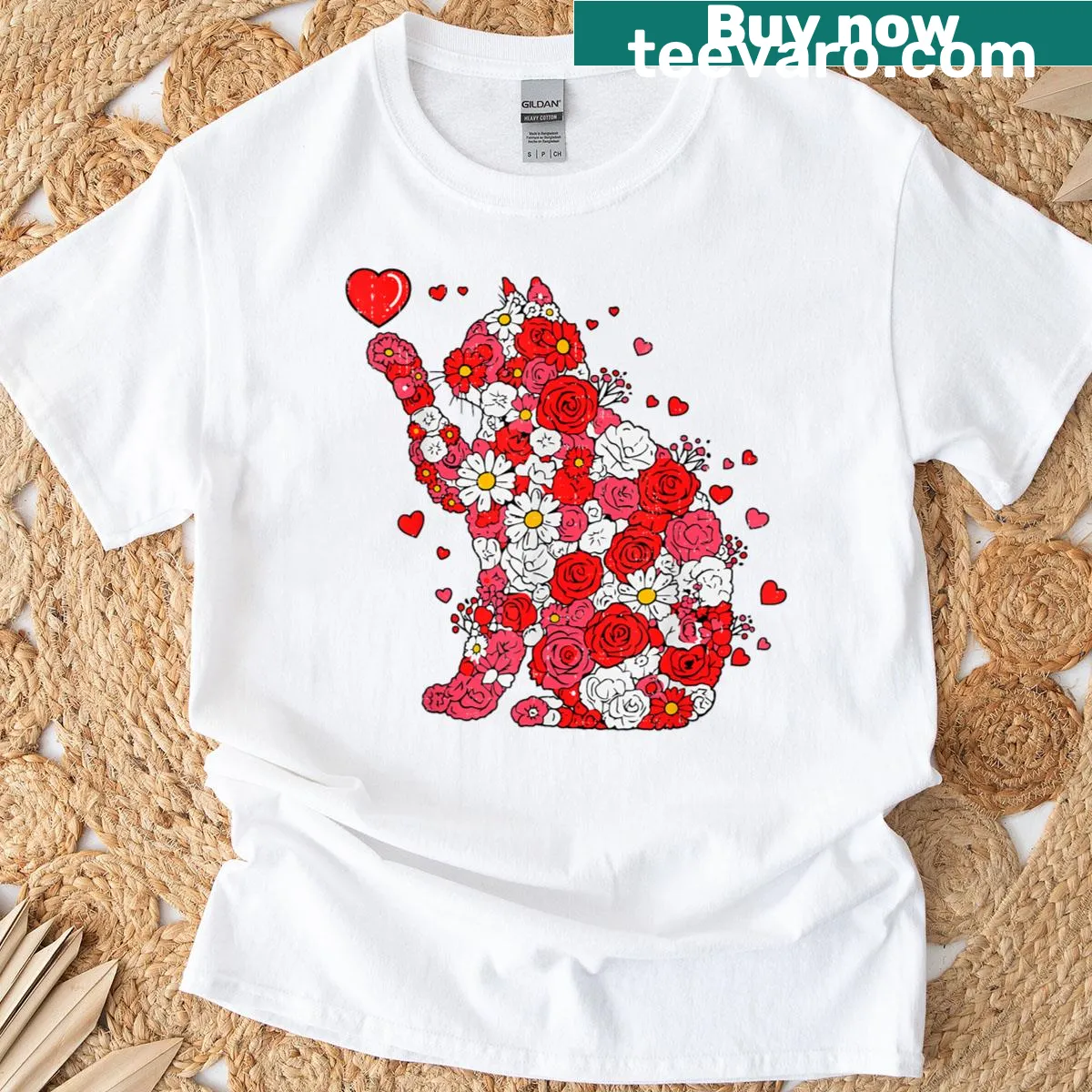 Floral heart graphic featuring a cute cat illustration for Valentine's Day — on a men's t-shirt