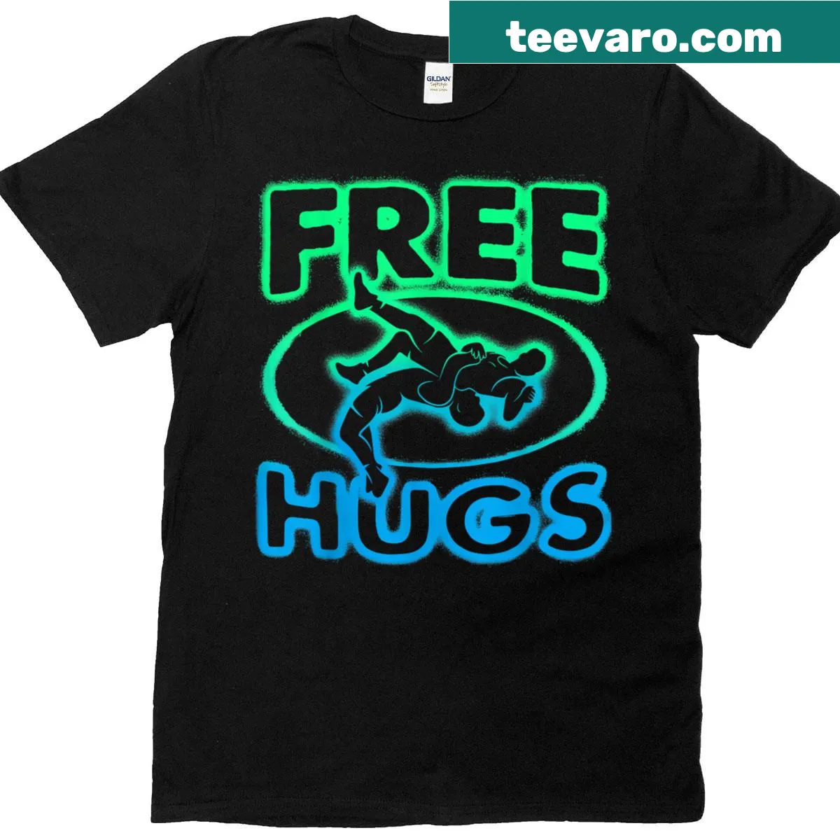 Wrestling-themed T-shirt with a Free Hugs graphic for fun-loving fans. — on a men's t-shirt
