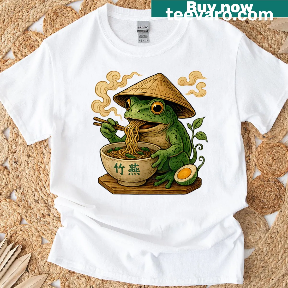 Kawaii frog graphic enjoying ramen noodles in a cheerful style — on a men's t-shirt