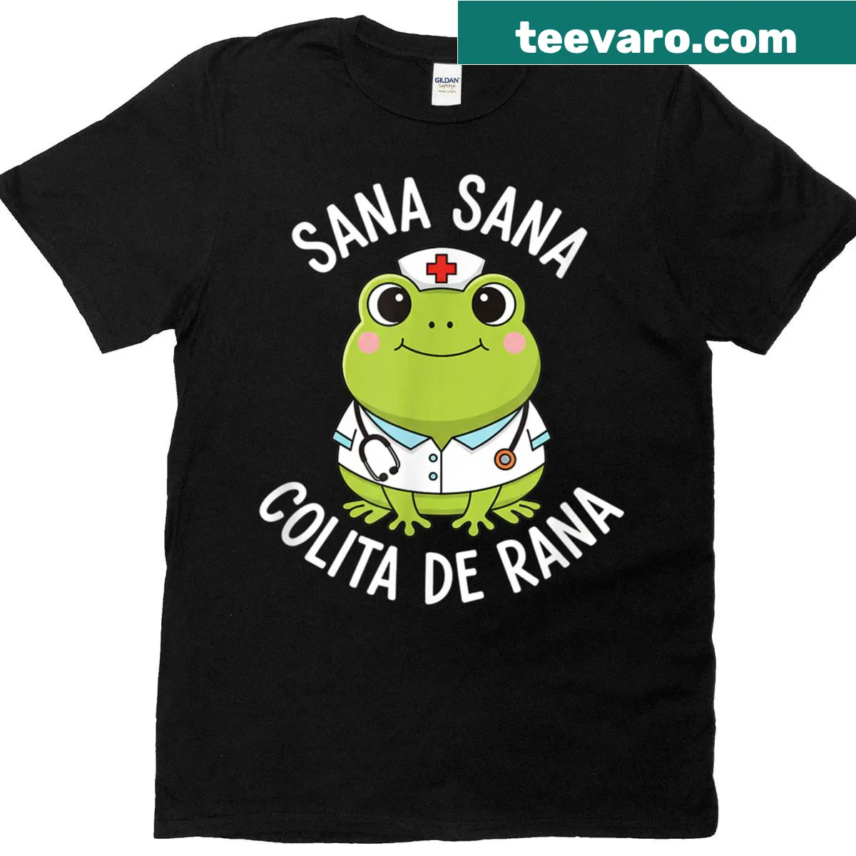 Cute frog t-shirt with 'Sana Sana Colita De Rana' for nurses — on a men's t-shirt