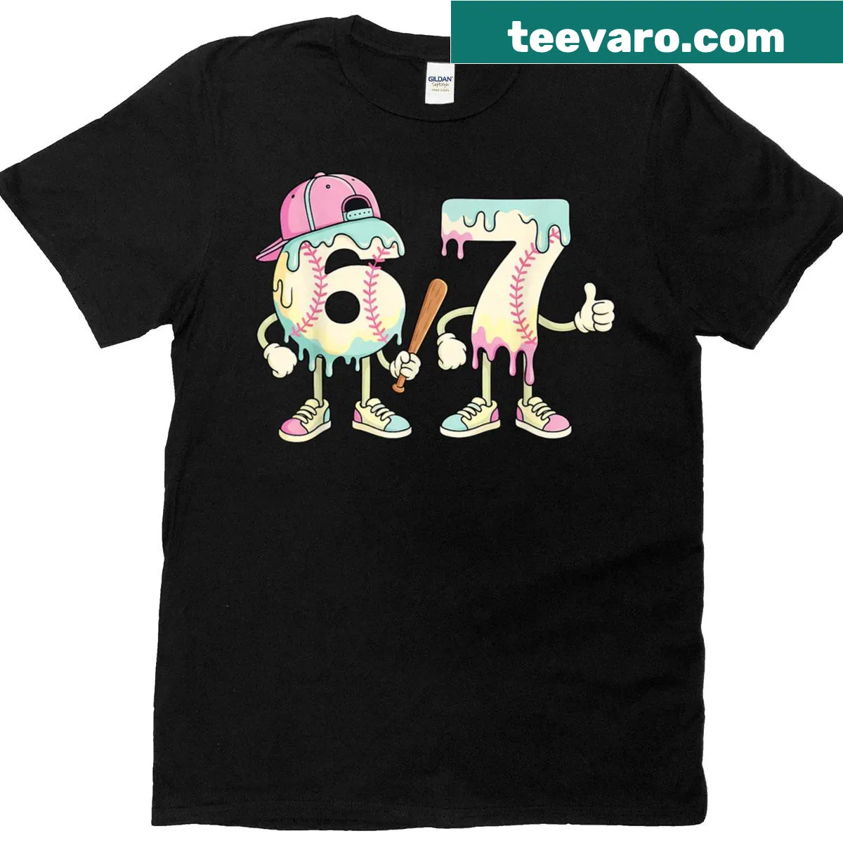 Playful T-shirt with baseball and ice cream drip graphics, perfect for kids. — on a men's t-shirt