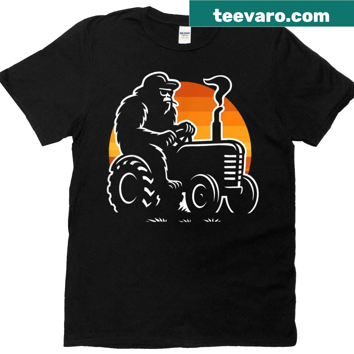 Funny Bigfoot farmer graphic with tractor T-shirt — on a men's t-shirt
