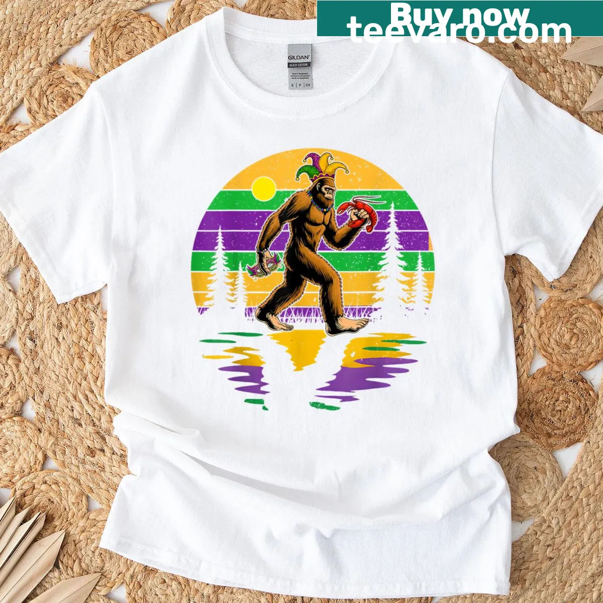 Cartoon Bigfoot enjoying Mardi Gras on a T-shirt for all ages. — on a men's t-shirt
