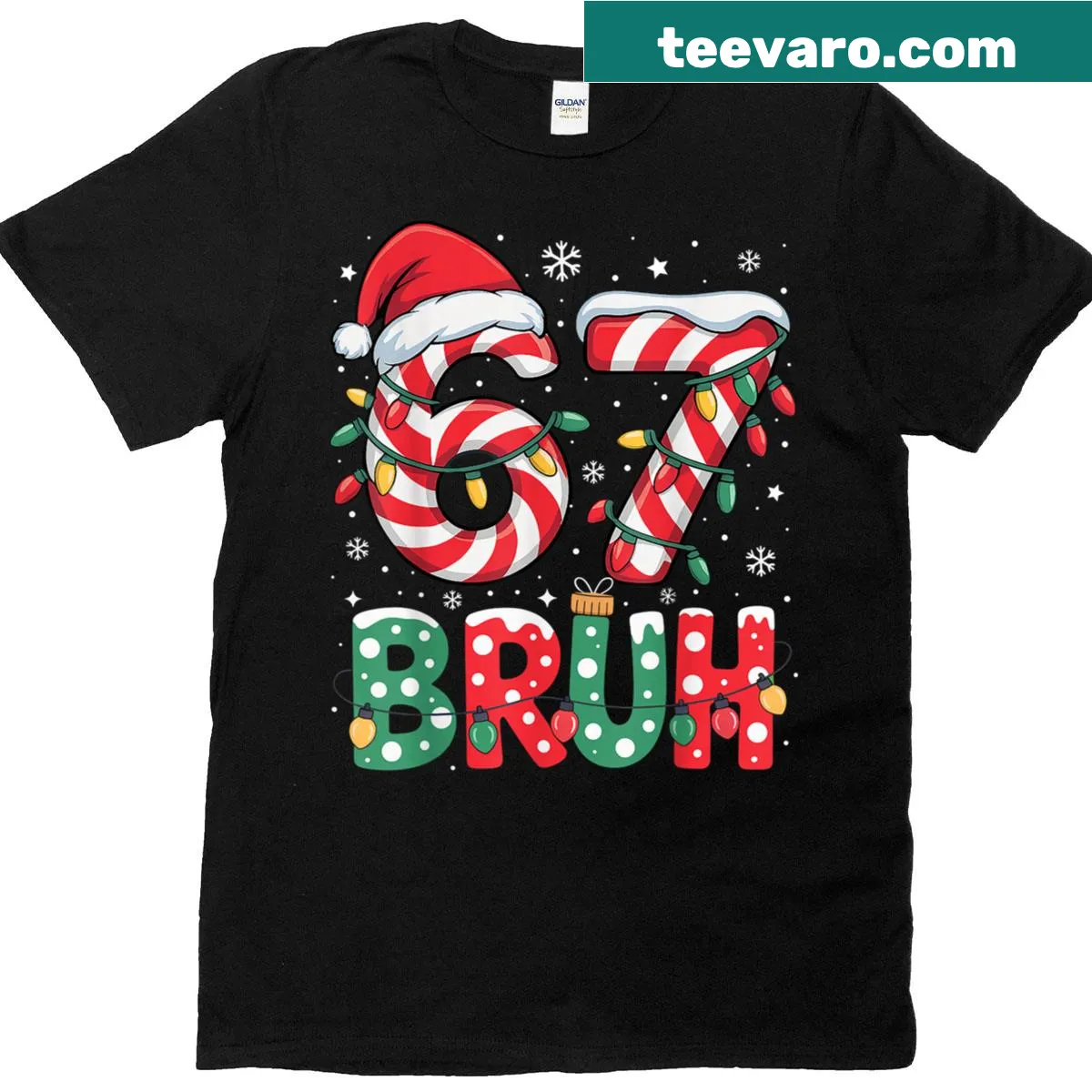 Funny meme-themed Christmas T-shirt for kids with 'Bruh 67.' — on a men's t-shirt