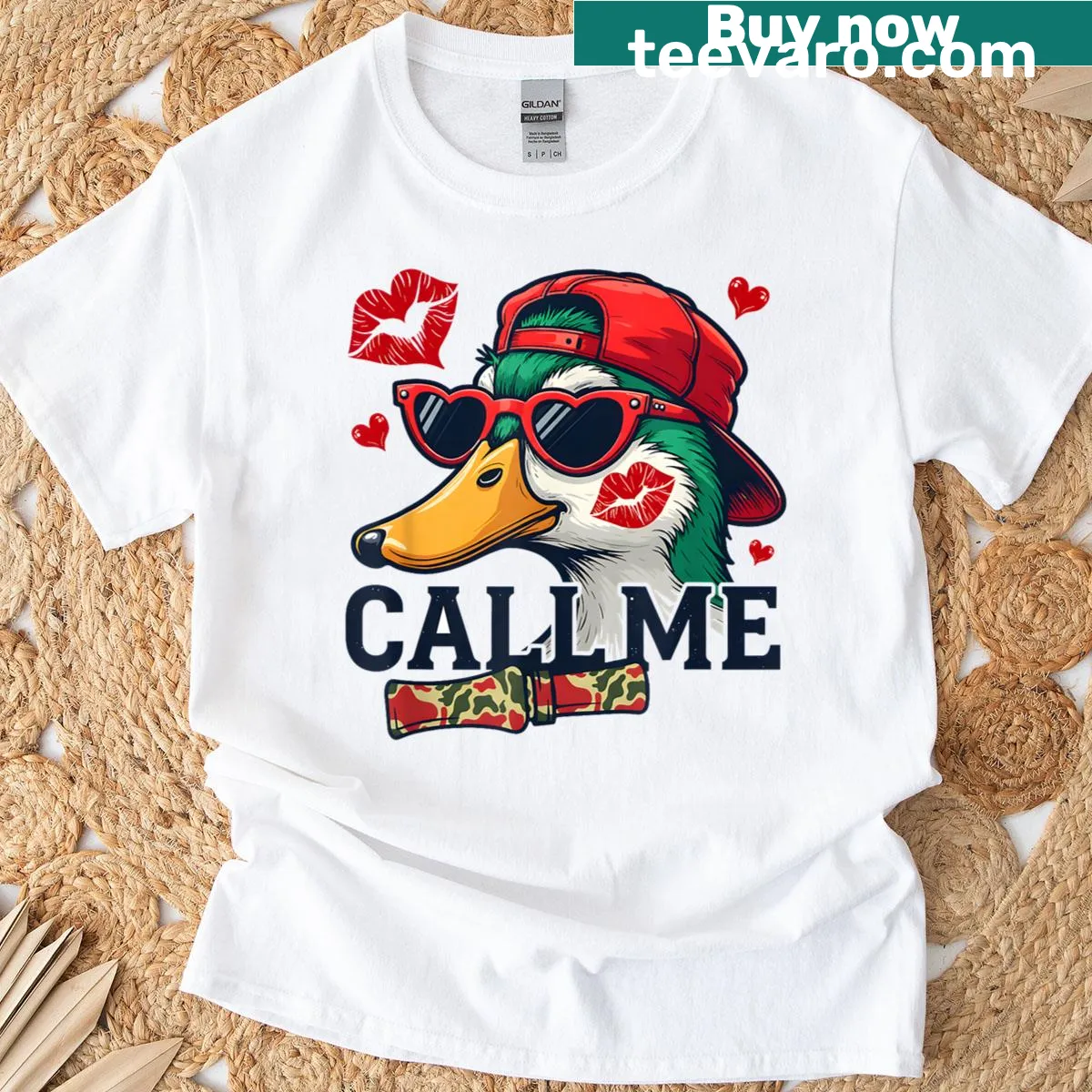 Duck hunting themed t-shirt with camo and 'Call Me Duck' text — on a men's t-shirt