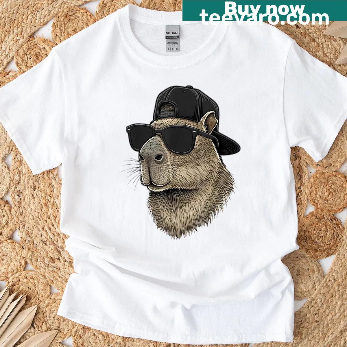 Cool capybara graphic tee with sunglasses, perfect for animal lovers. — on a men's t-shirt