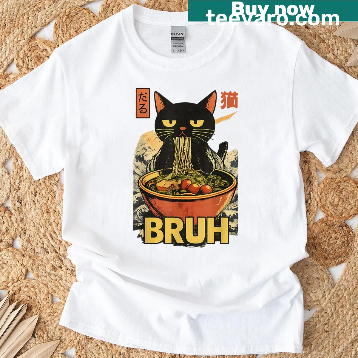 Funny cat graphic reacting to ramen noodles in a kawaii style — on a men's t-shirt