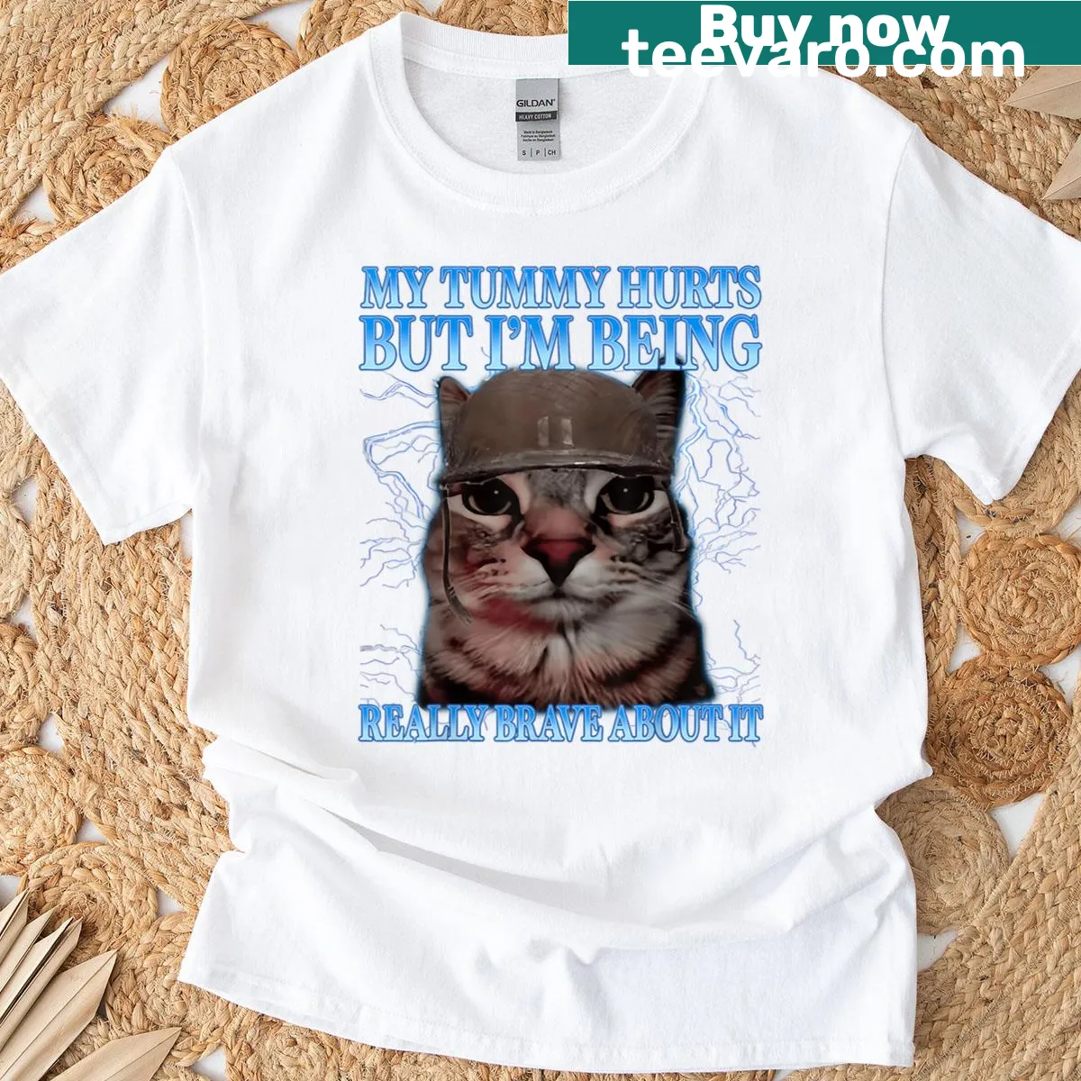 Cat meme t-shirt with humorous quote about tummy aches — on a men's t-shirt
