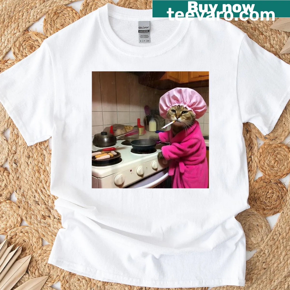 Funny vintage cat lady t-shirt featuring a cat cooking and smoking — on a men's t-shirt