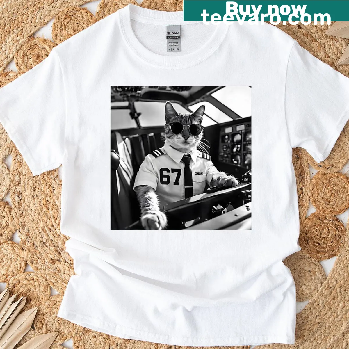 Cat pilot t-shirt with whimsical aviation design — on a men's t-shirt