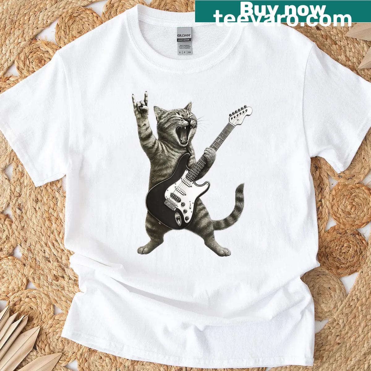 Cartoon cat playing guitar graphic with humorous rock and roll theme — on a men's t-shirt