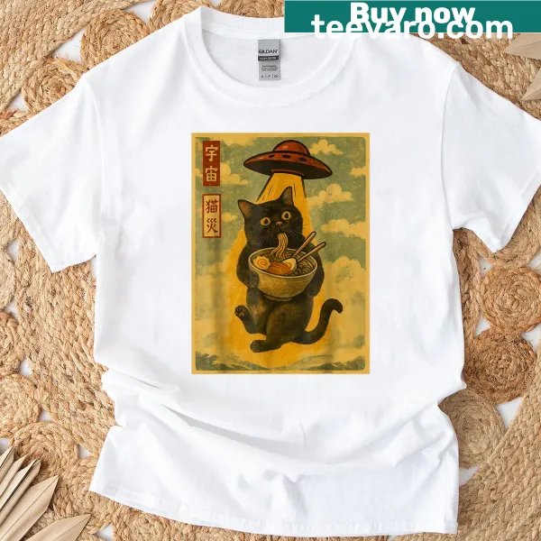 Cat ramen UFO t-shirt featuring playful anime design