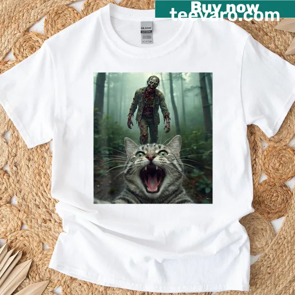 Funny cat selfie graphic with a zombie in a cartoon style