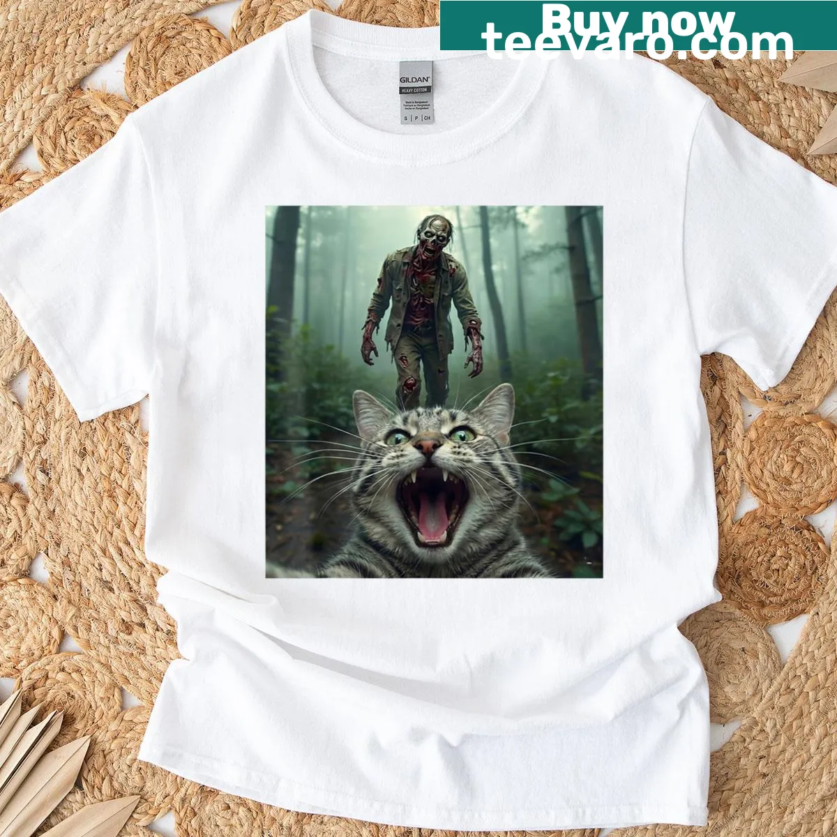Funny cat selfie graphic with a zombie in a cartoon style — on a men's t-shirt
