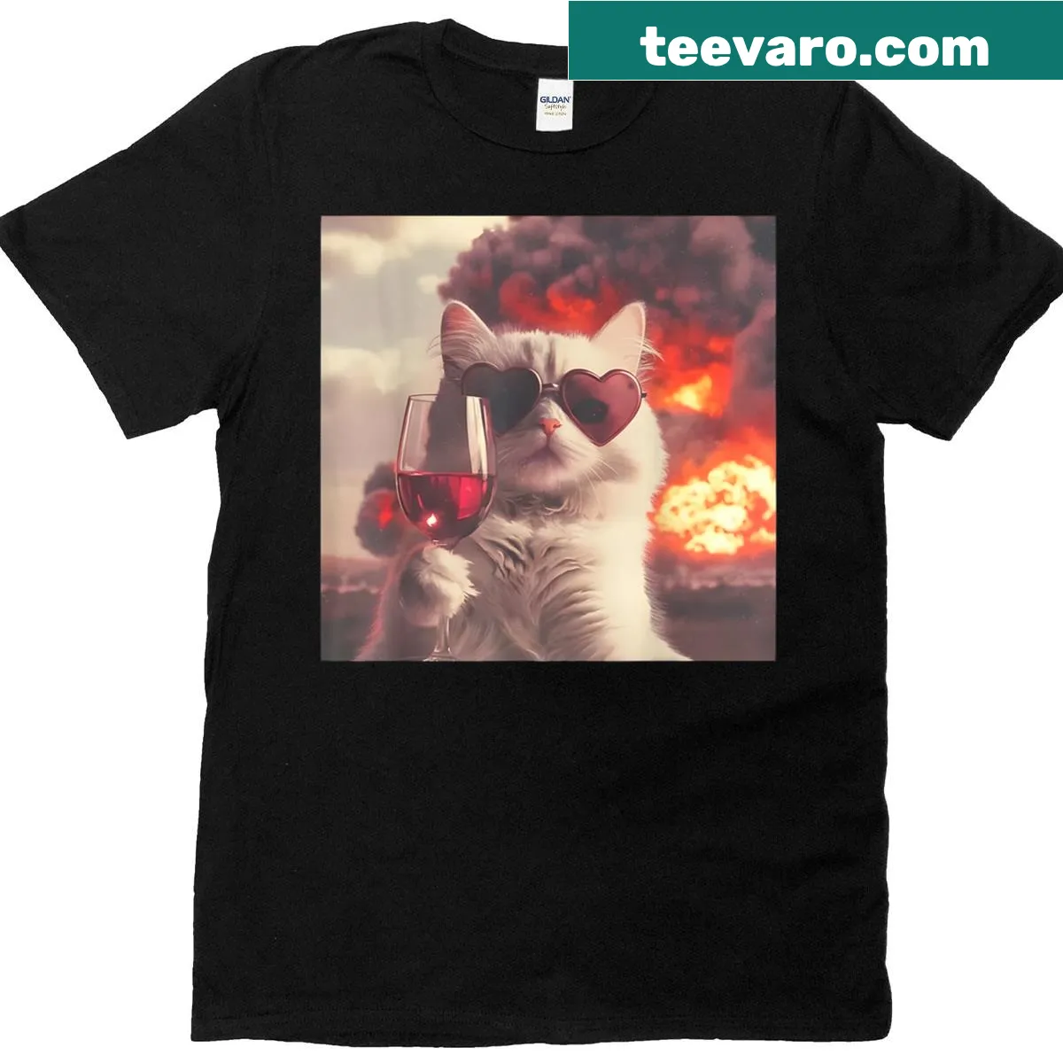 Funny cat in sunglasses drinking wine meme shirt — on a men's t-shirt