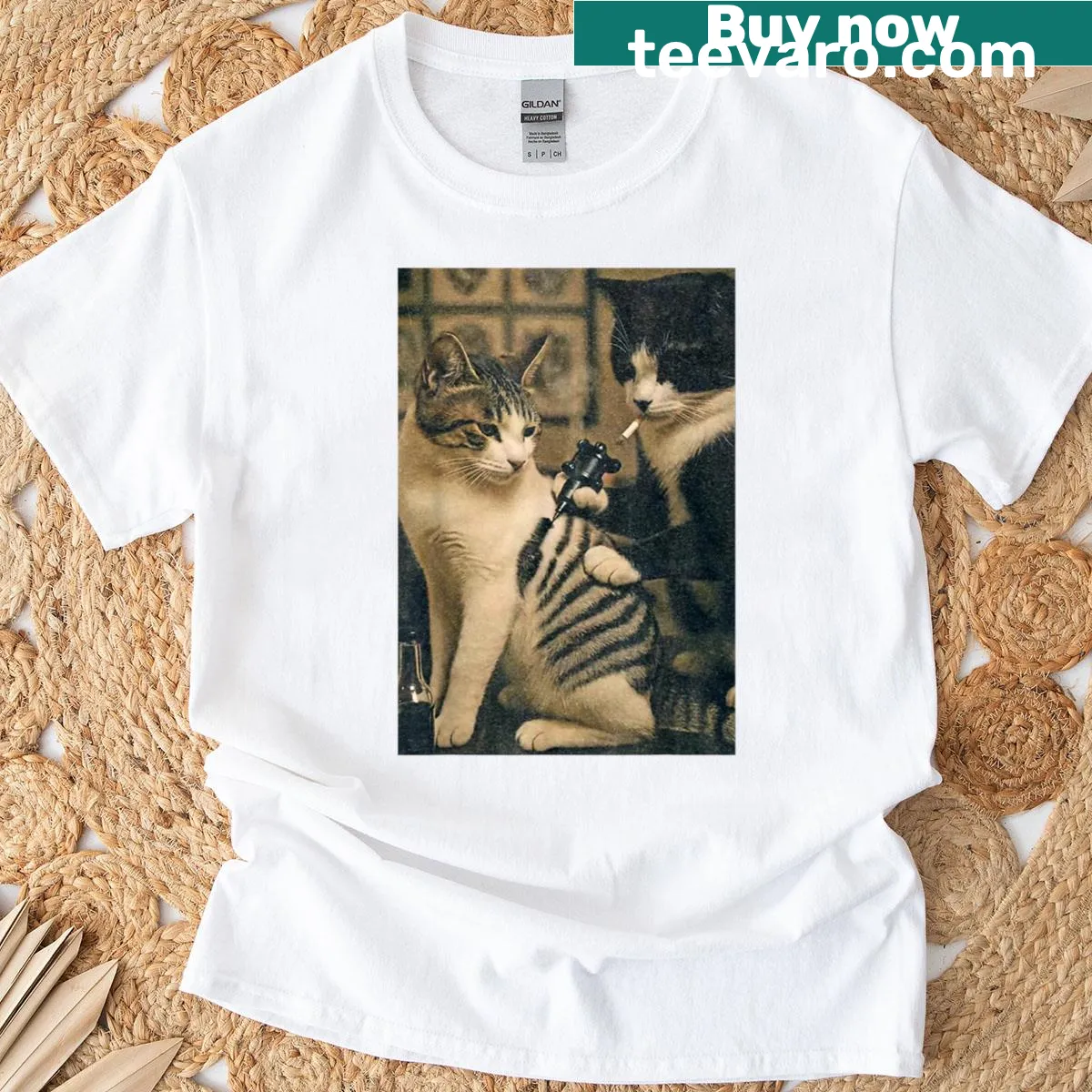 Vintage tattoo-style cat meme T-shirt featuring funny cat illustrations — on a men's t-shirt