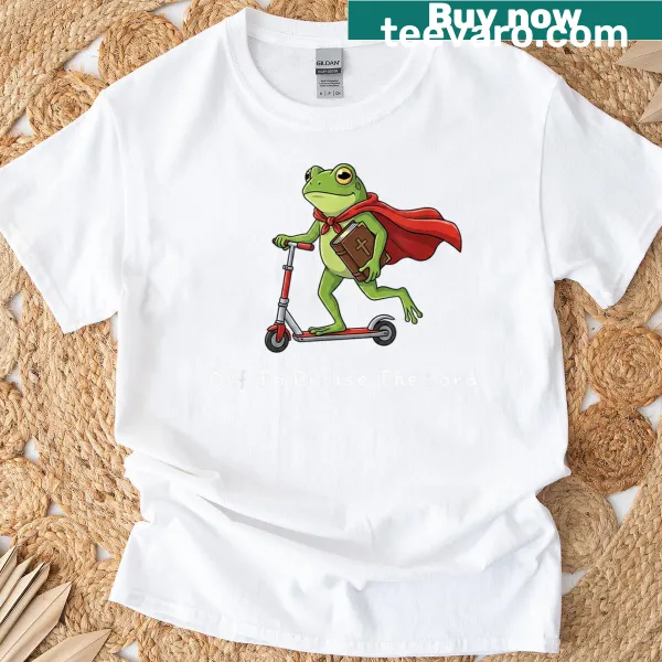 Funny frog graphic t-shirt with religious message for family wear.