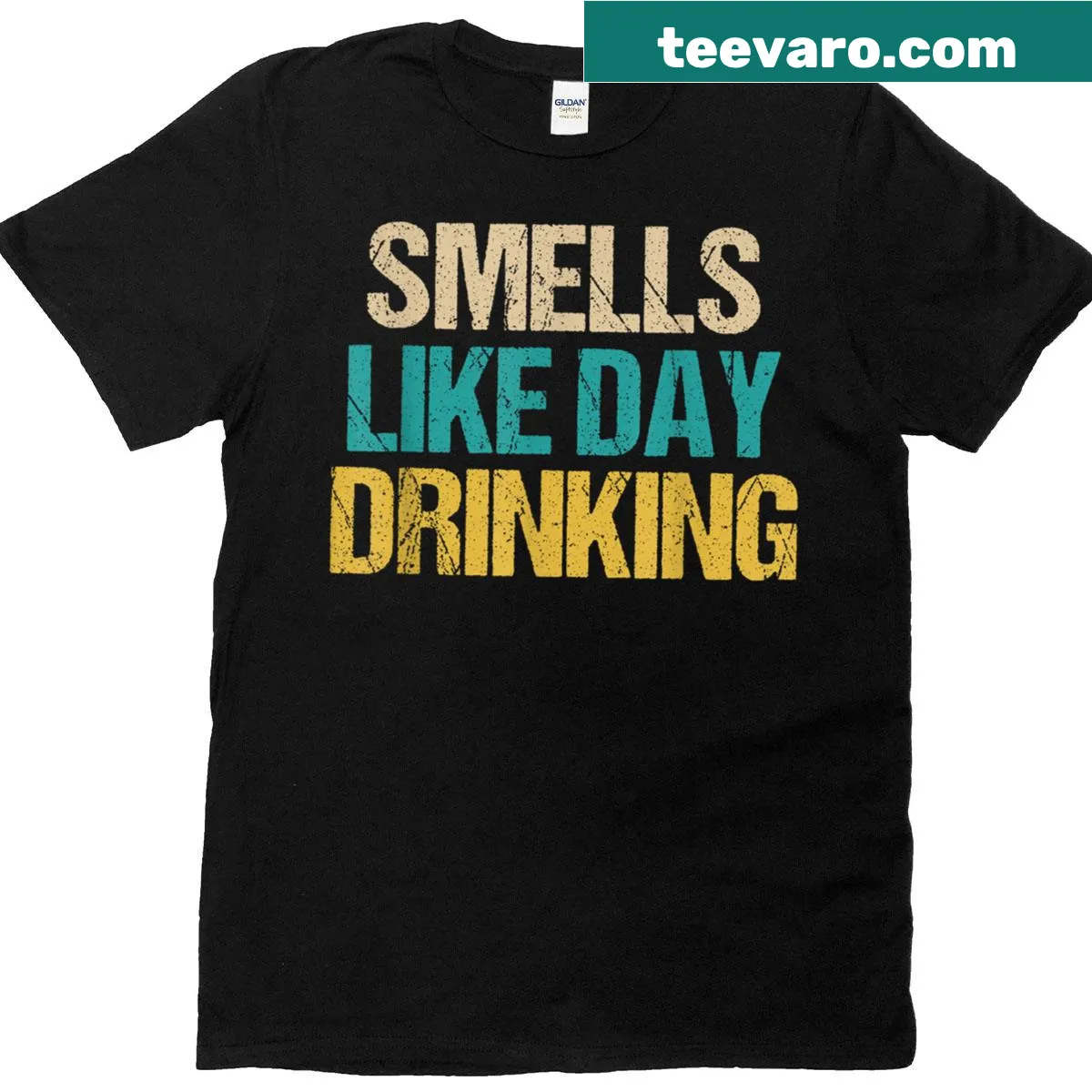 Funny T-shirt with 'Smells Like Day Drinking' text — on a men's t-shirt