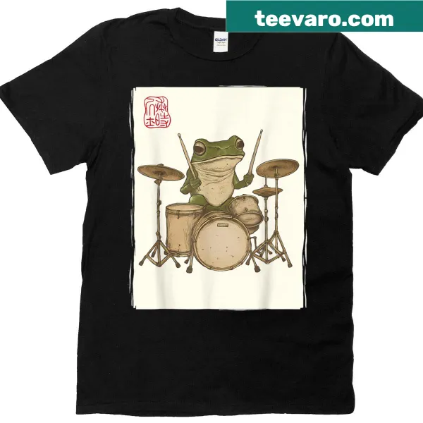 Kawaii T-shirt featuring a funny frog drumming illustration for music lovers.