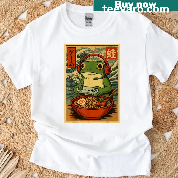 Funny frog graphic on a gaming-themed t-shirt