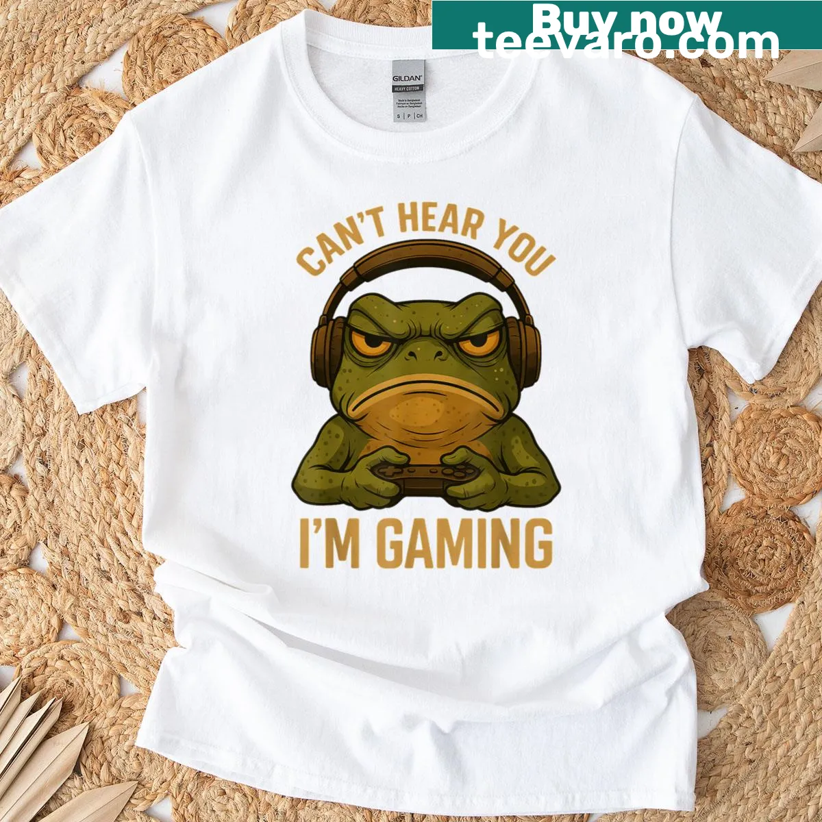 Graphic tee featuring a funny frog in gamer gear. — on a men's t-shirt