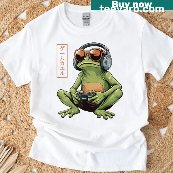 Vintage-style T-shirt featuring a funny frog graphic for gamers.