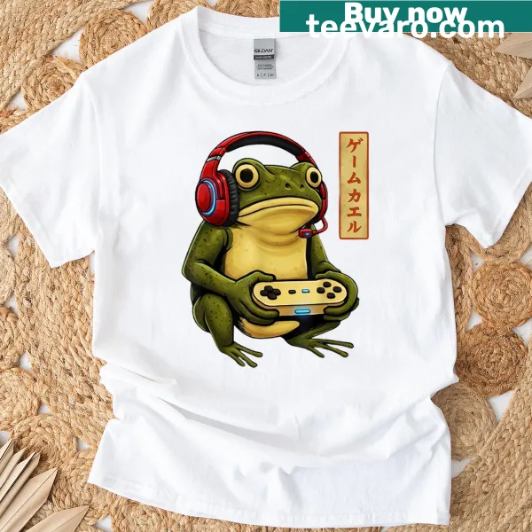 Vintage gaming tee featuring a humorous frog design inspired by Japanese art.