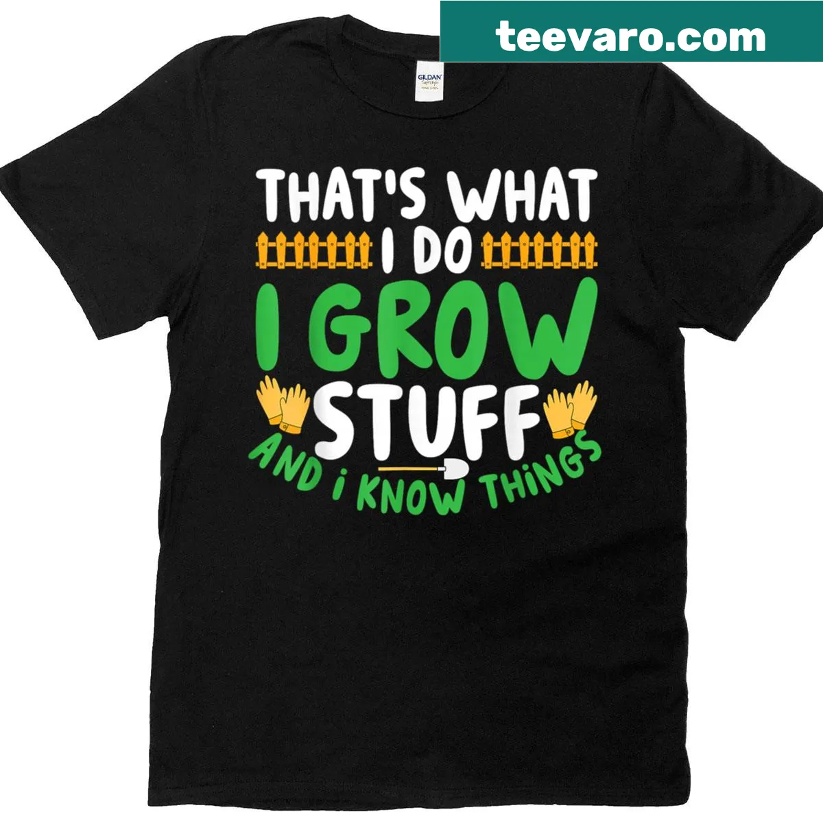 Illustrated gardening T-shirt featuring tools and plants in a playful design. — on a men's t-shirt