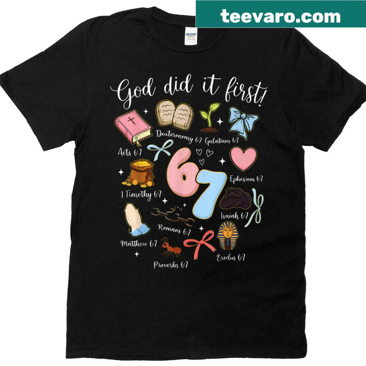 T-shirt featuring 'God Did It First' meme text for kids — on a men's t-shirt