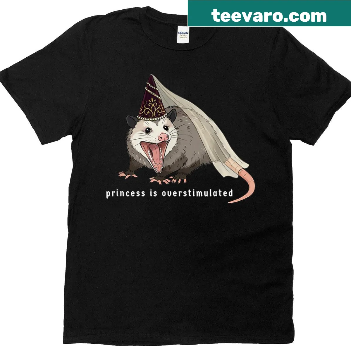 Meme-inspired T-shirt featuring an opossum princess design with humorous text. — on a men's t-shirt