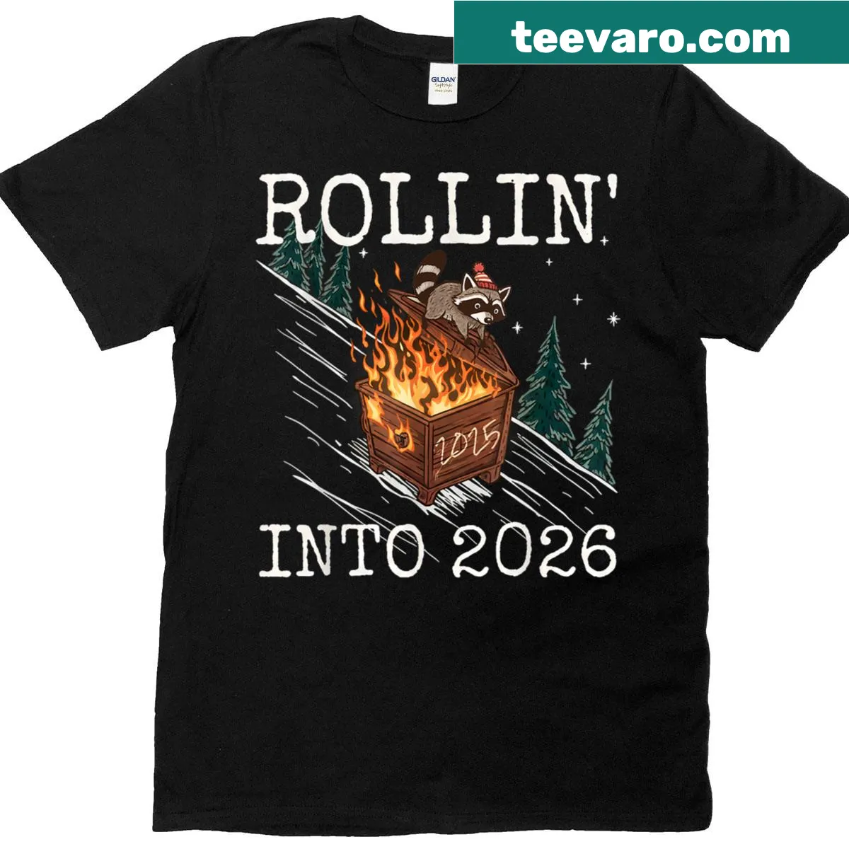 Retro New Year T-shirt featuring a funny raccoon rolling into 2026 — on a men's t-shirt