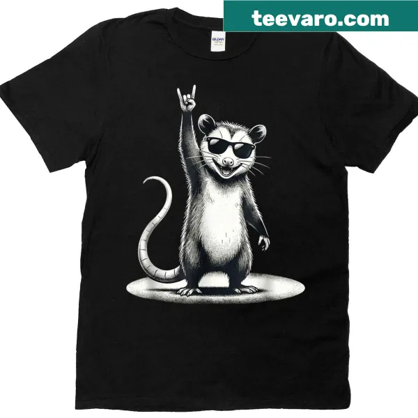 Retro tee with a humorous opossum rocking out design