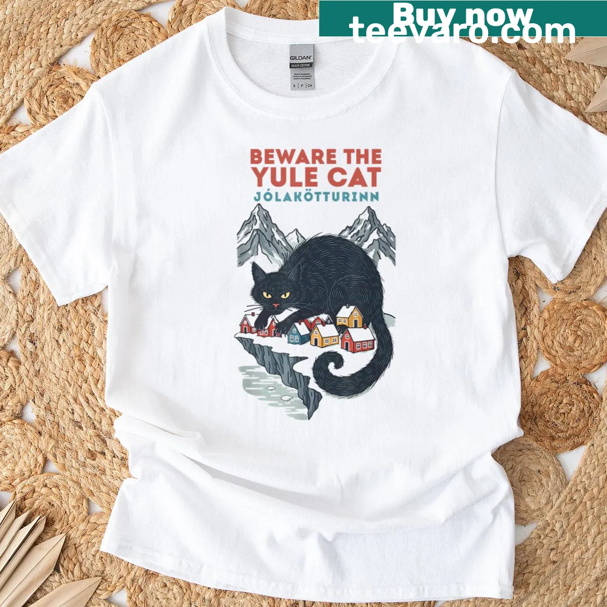 Funny Yule Cat cartoon graphic t-shirt — on a men's t-shirt