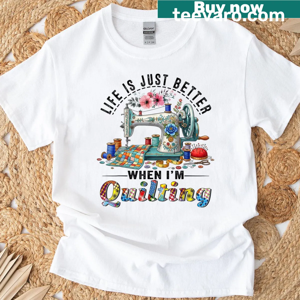 Humorous quilting quote t-shirt for sewing enthusiasts — on a men's t-shirt