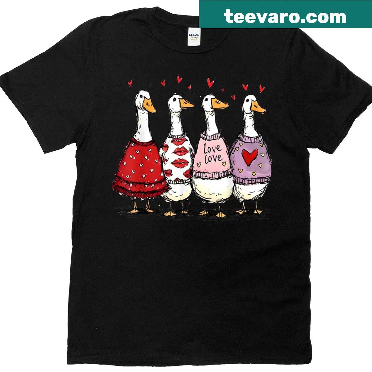 Cartoon silly goose graphic T-shirt for Valentine's Day humor — on a men's t-shirt