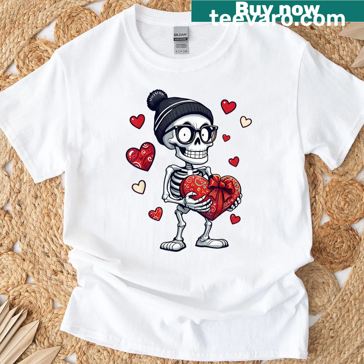 Funny skeleton t-shirt with heart designs for Valentine's Day — on a men's t-shirt