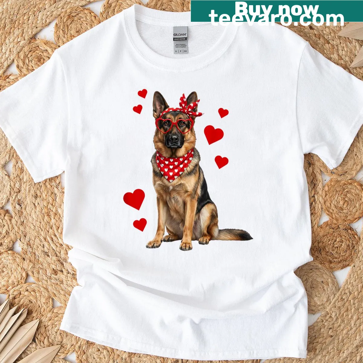 Valentine's Day t-shirt featuring a heart and German Shepherd illustration — on a men's t-shirt