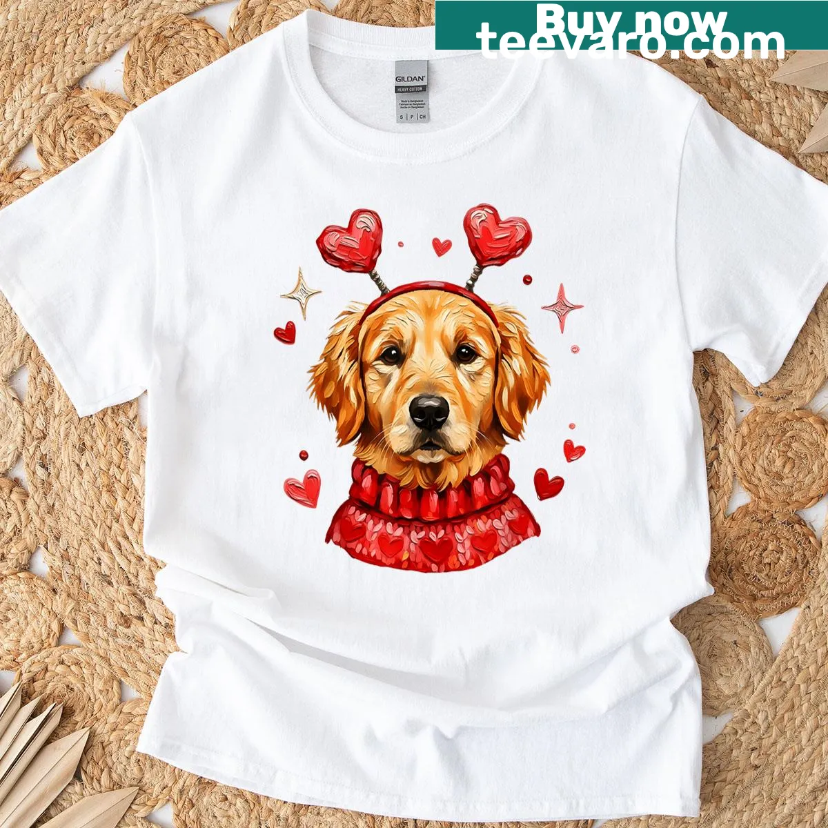 Cute Golden Retriever graphic with hearts on a Valentine’s Day t-shirt — on a men's t-shirt