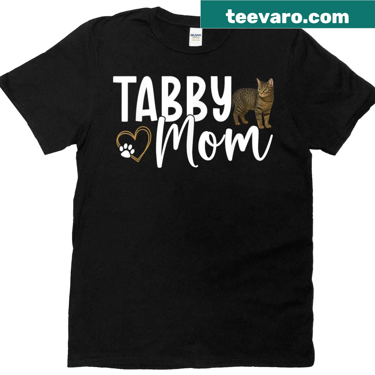 Gray tabby cat mom t-shirt with cute illustrations — on a men's t-shirt