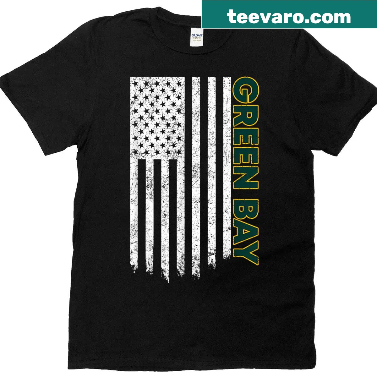 Vintage style Green Bay shirt featuring a distressed US flag design — on a men's t-shirt