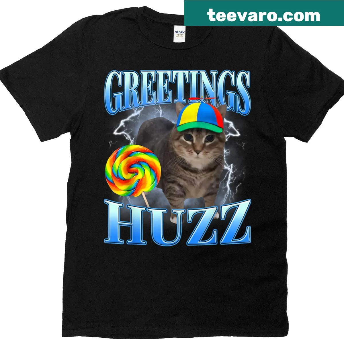 Silly cat meme T-shirt with lollipop and funny text — on a men's t-shirt