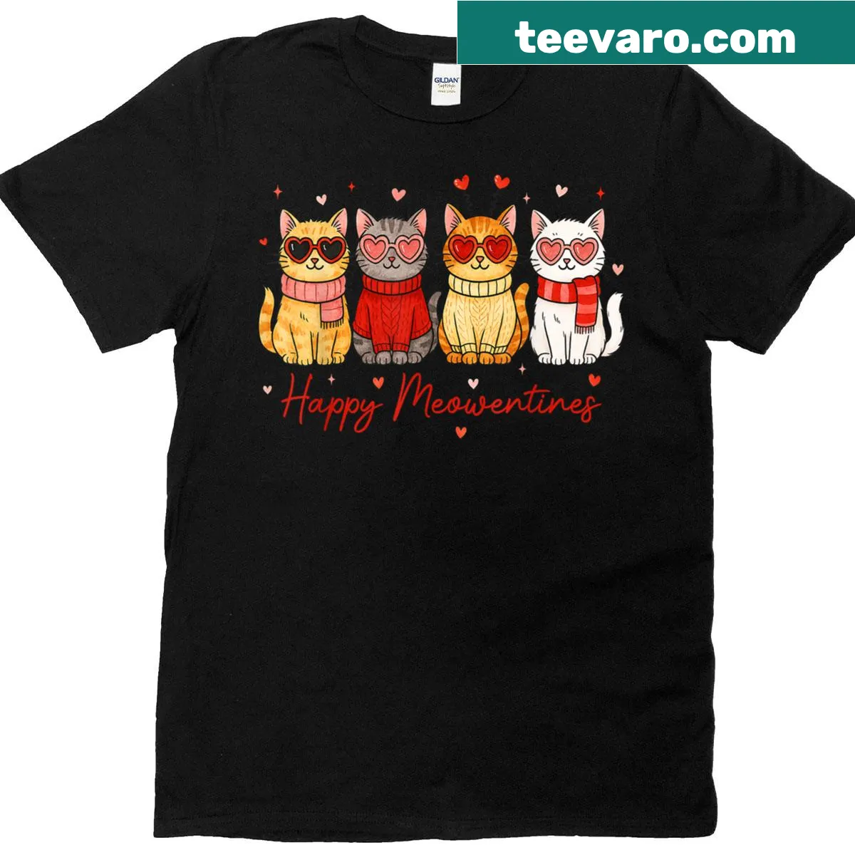 Cute cat-themed Valentine shirt with hearts and playful text — on a men's t-shirt