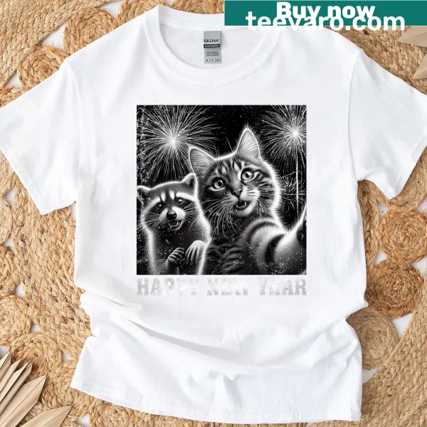 Cute cat and raccoon celebrating New Year graphic