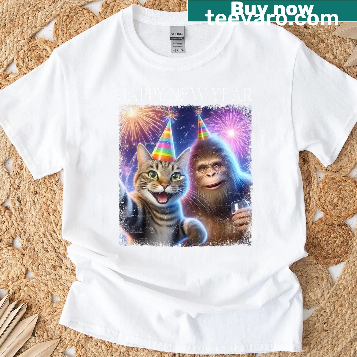 Funny New Year 2026 T-shirt with a cat and Bigfoot illustration — on a men's t-shirt